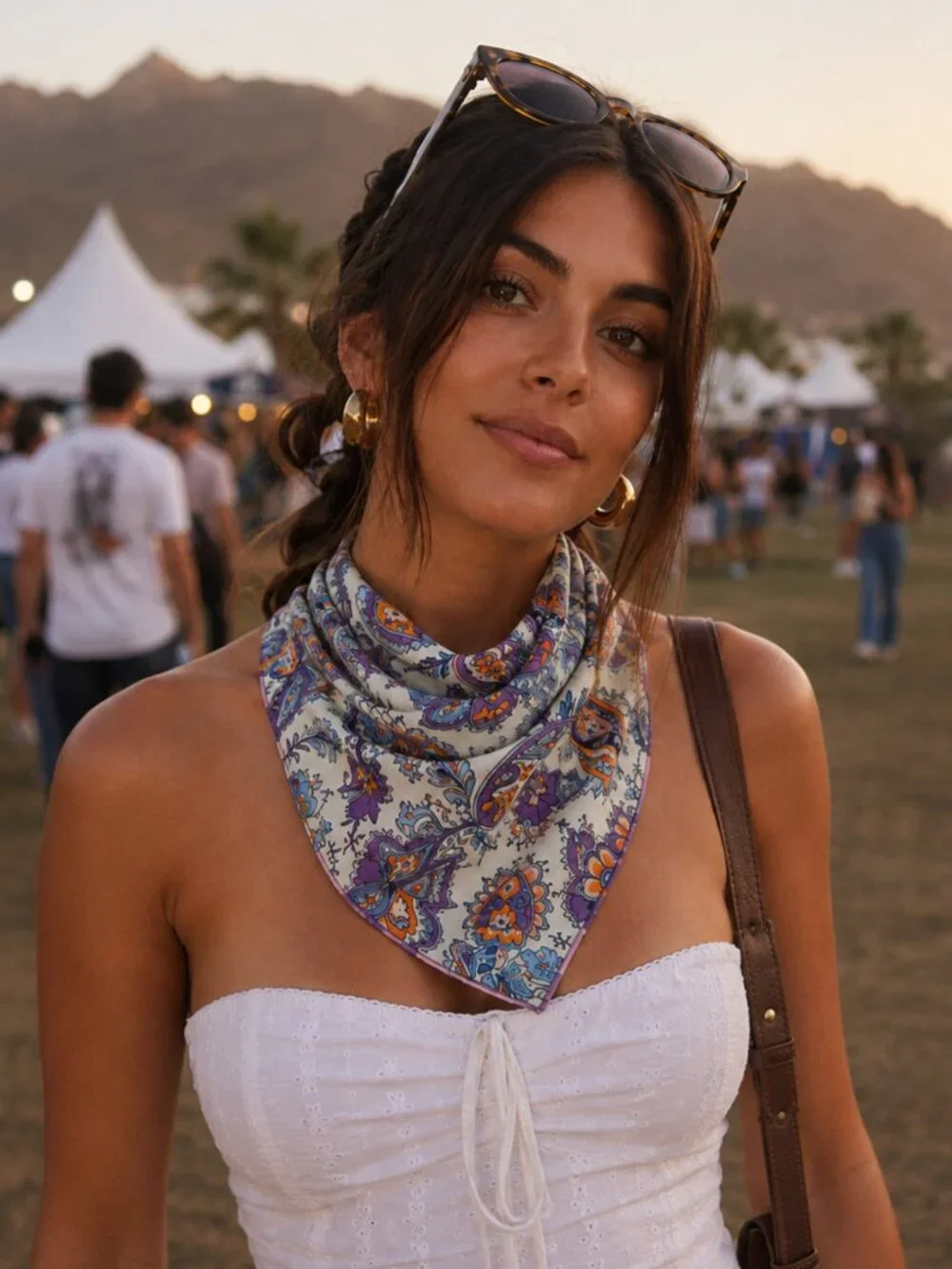 Multi-colored Blue, Purple, and off white printed bandana scarf